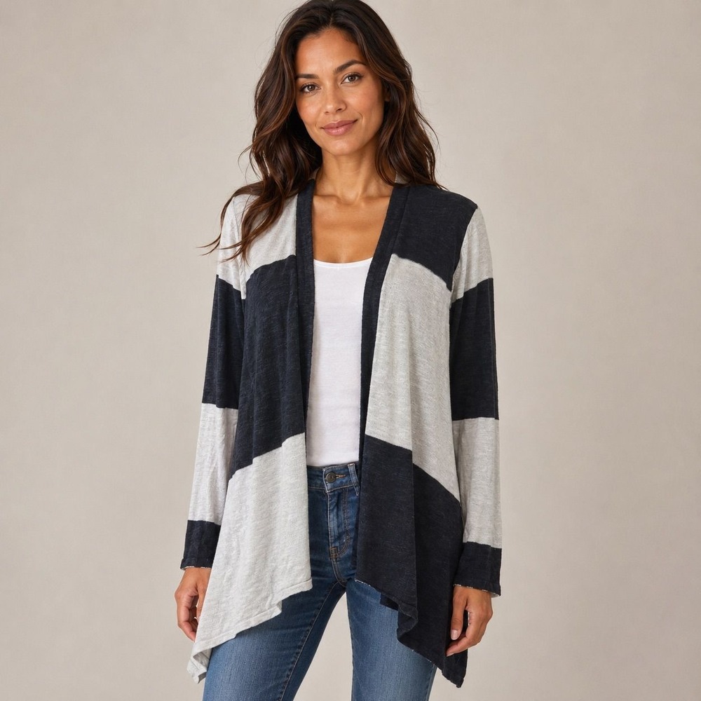 Jessica Women Navy Cream Colorblock‎ Striped Open Front Cardigan Size M 12